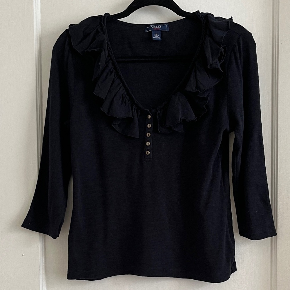 Chaps Y2K Style Black Ruffle Collar 3/4 Sleeve 100% Cotton Knit T-Shirt Blouse - Picture 2 of 11